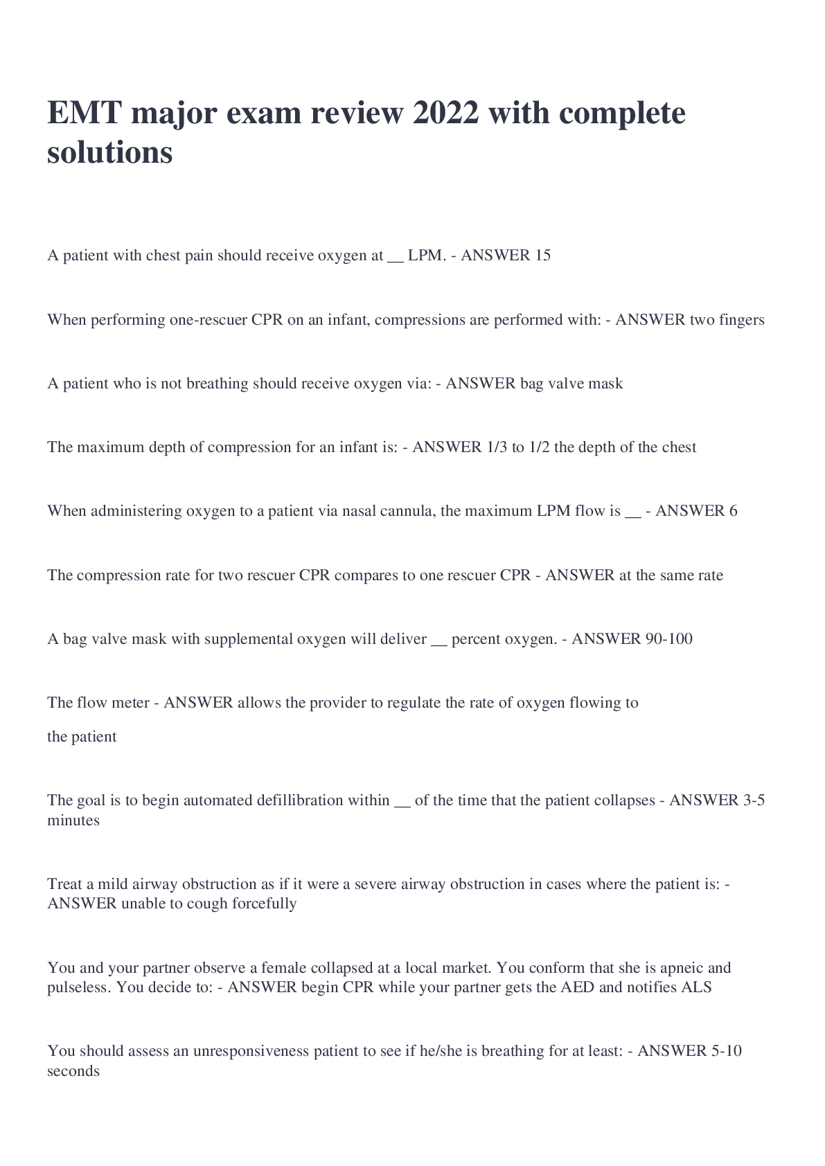 Preview image for EMT major exam review 2022 with complete solutions